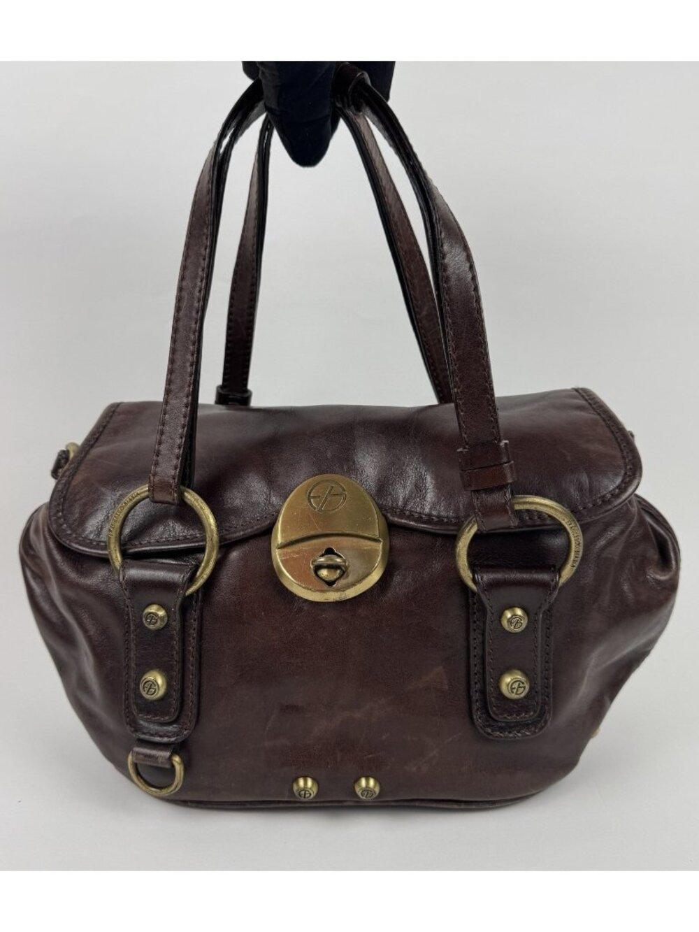 Francesco Biasia Brown Cowhide Leather Hand Shoulder Bag Turnlock Y2K Vintage